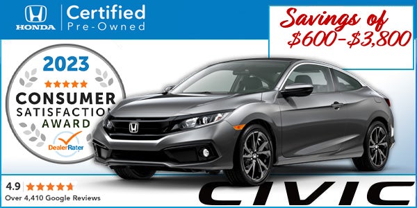 Honda certified, pre-owned civics, our popular sporty sedan